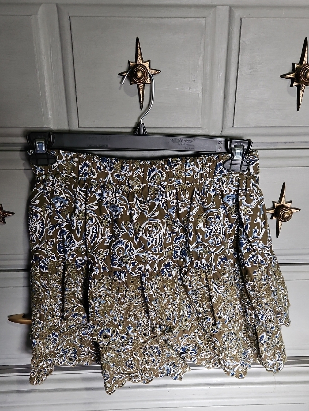 Olive Floral Lace Mini Skirt with Blue Accents